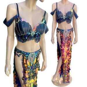 Black Black Iridescent Rainbow Sequins Mermaid Bra and Skirt